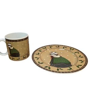 The Sakura Table Cozy Cats Fiddlestix 4" Mug and 8" Plate Cat in Green Sweater